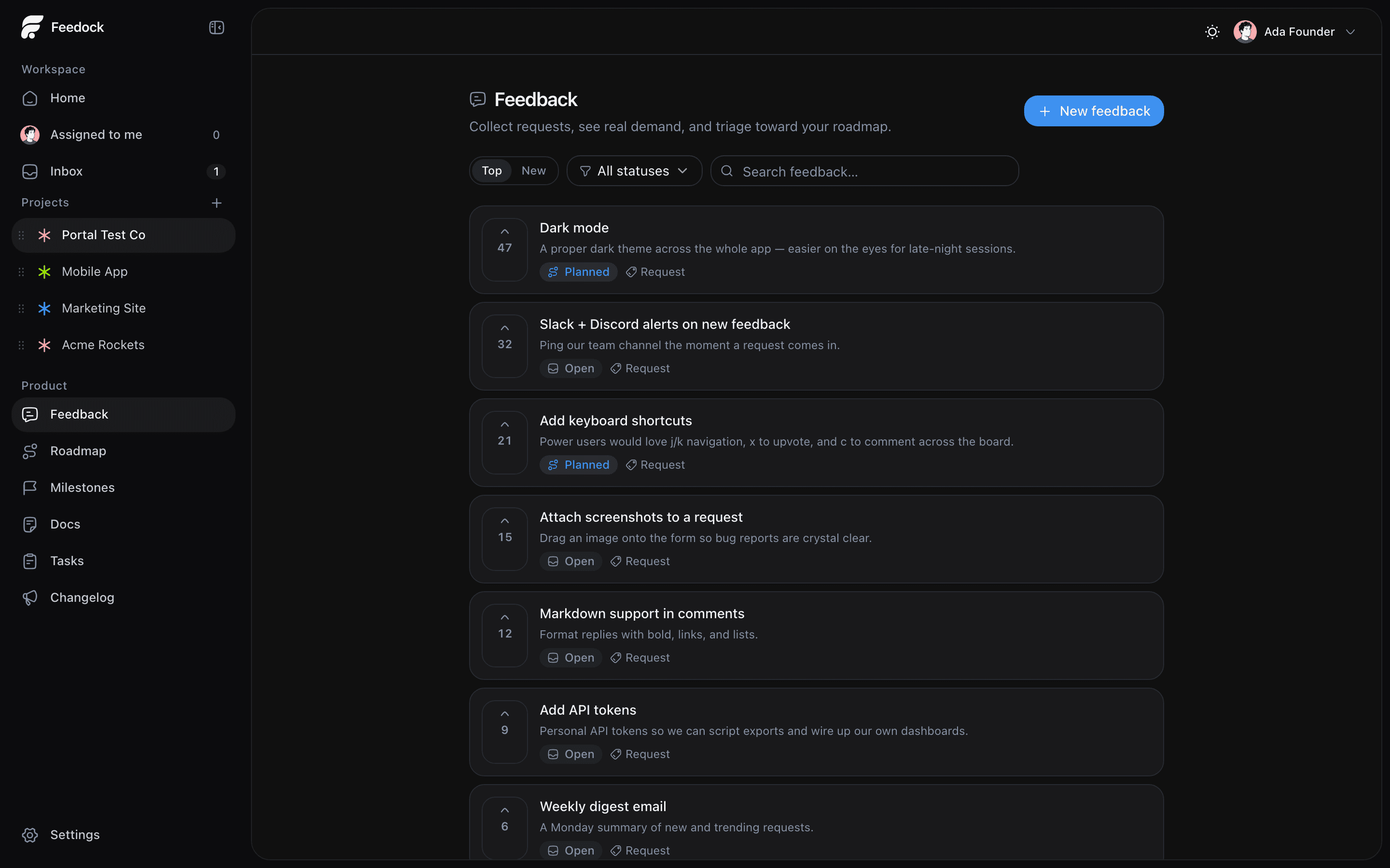The Feedock feedback board with account-less submissions and votes