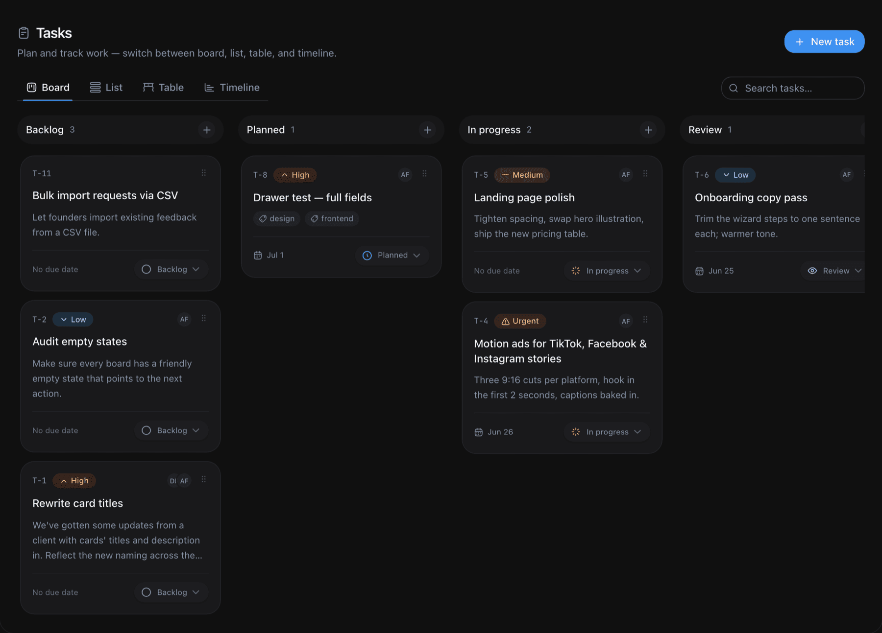 The Feedock tasks board with Backlog, Planned, In Progress, Review, and Done columns